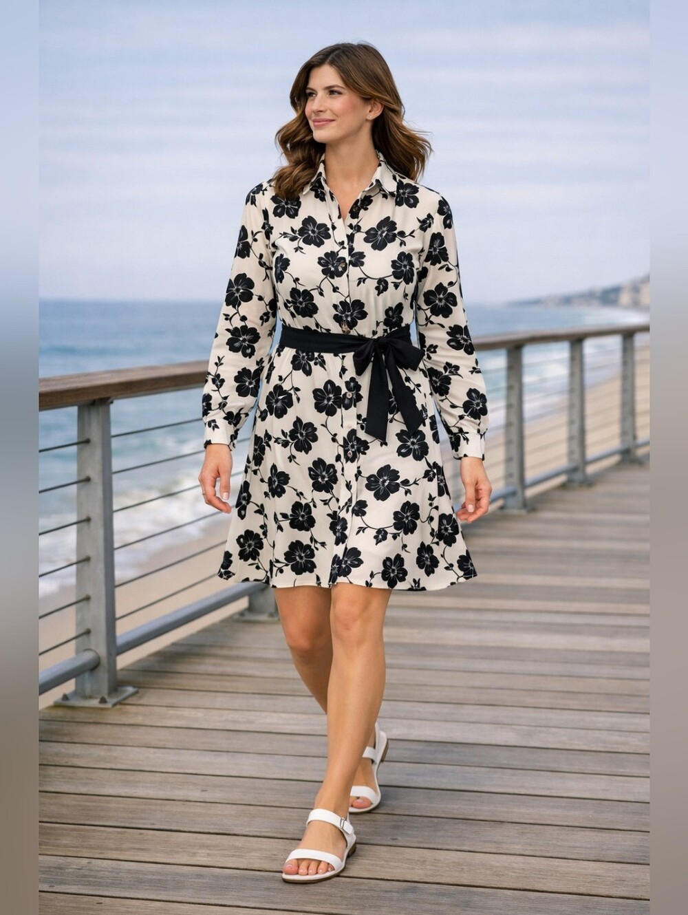 NWT H&M Cream and Black Floral Belted dress